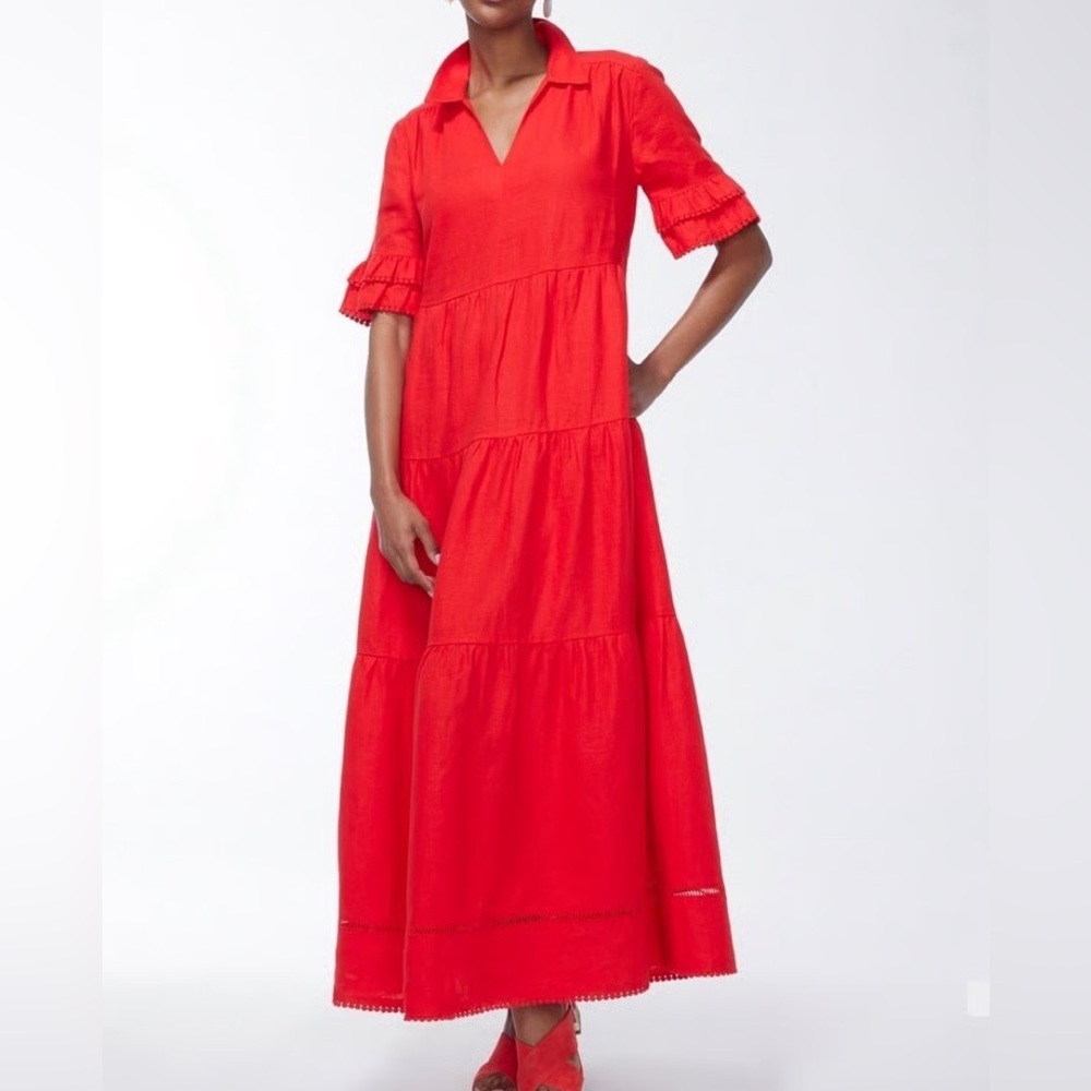 Chico's Red Tiered Maxi Dress with V-Neck Collar